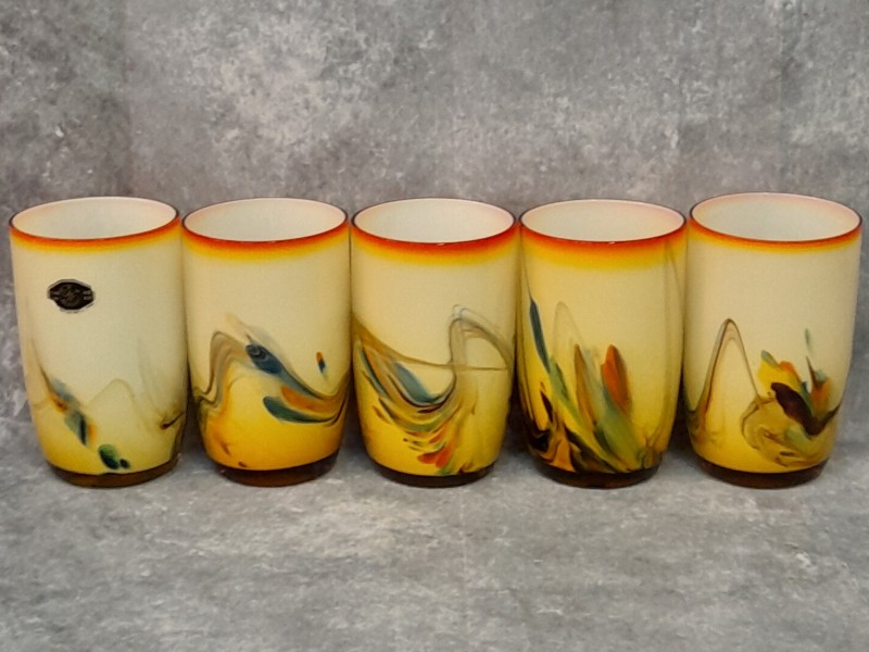 5 Vintage Dalian Glass Company "Snowflake" glazen - unieke abstracte swirl designs uit de jaren 50-80