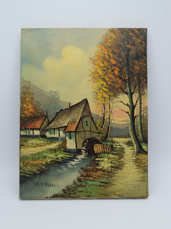Luc Verbist- Landschap hoeve aan beek met waterrad, met certificaat