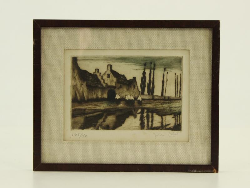 Julien Célos (1884-1953)  gesigneerde kleurenets met romantische huisjes en kloosterorde