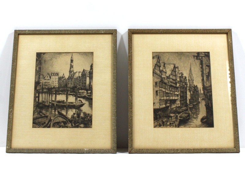 Set Antieke Etsen ‒ Hamburgse stadsgezichten ‒ Willy Müller-Gera (ca. 1900-1920)
