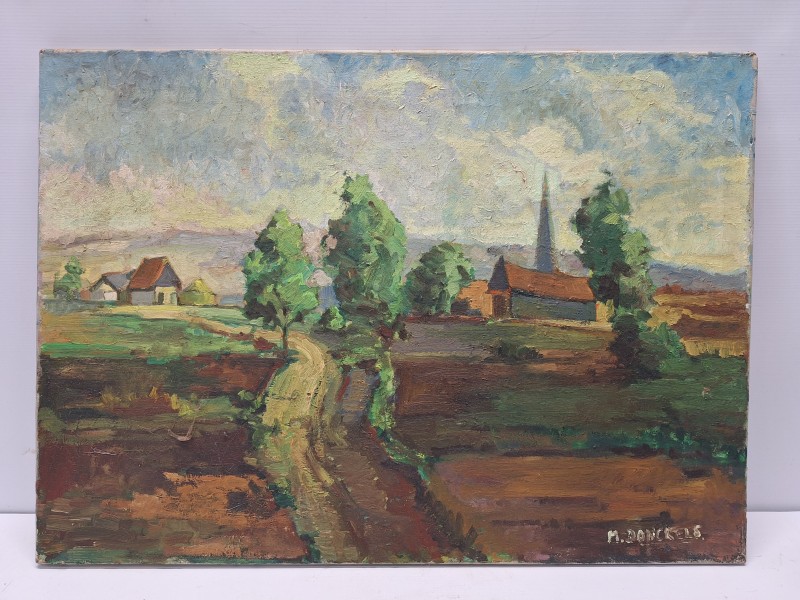 Olieverfschilderij van een landelijk landschap met kerk en zandweg - gesigneerd M. Donckels