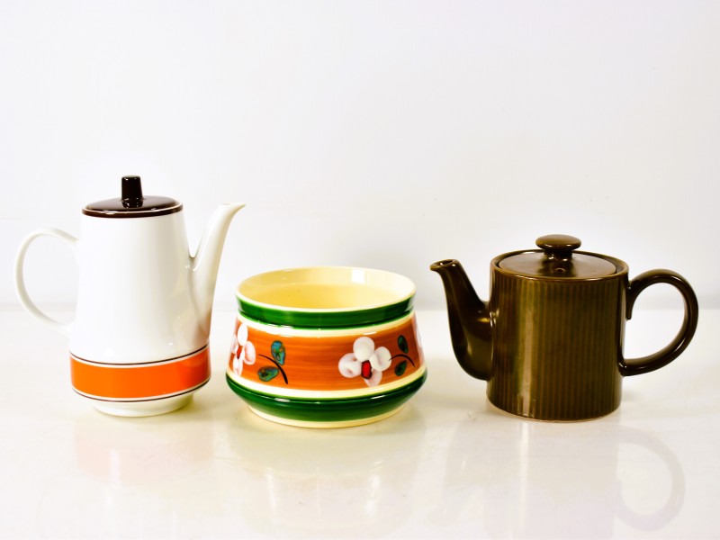 Set van 3 vintage theepotten en kom, West Germany en Zell keramiek.