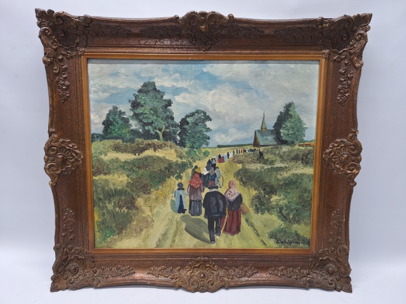 Olieverfschilderij van een impressionistisch dorpsgezicht met processie naar het kerkje - G. Walgraeve