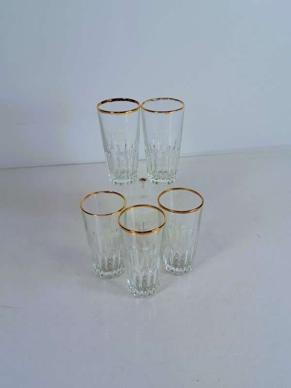 Set van 5 vintage Loöza limonadeglazen met gouden rand.