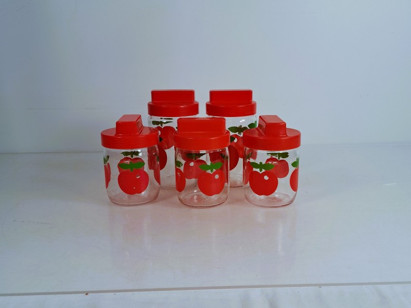 Set van 5 vintage Hermeverre glazen voorraadpotten met appeldecor – Gulf promotie.