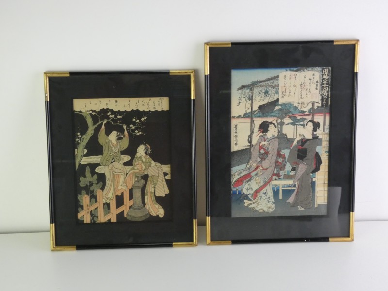 Twee ingelijste Japanse houtsneden (ukiyo-e) stijl