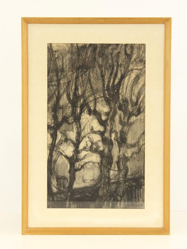 Houtskooltekening van knotwilglandschap - Joop Birker (1935-1993)