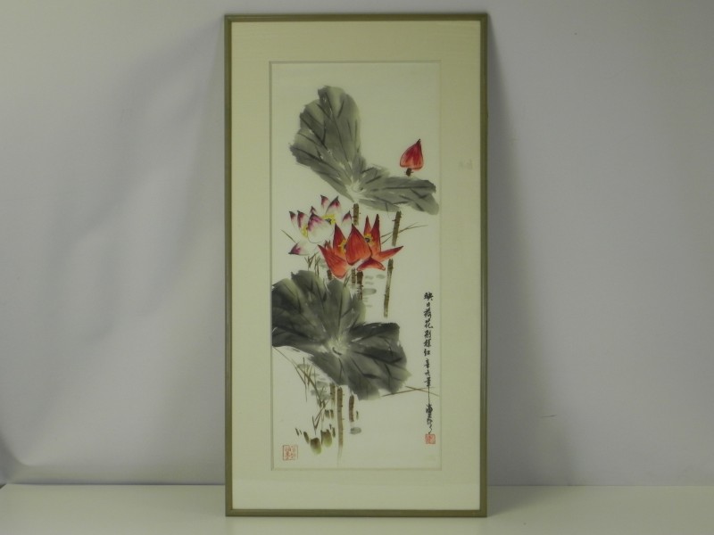 Chinese aquarel van lotusbloemen met Chinese kalligrafieën