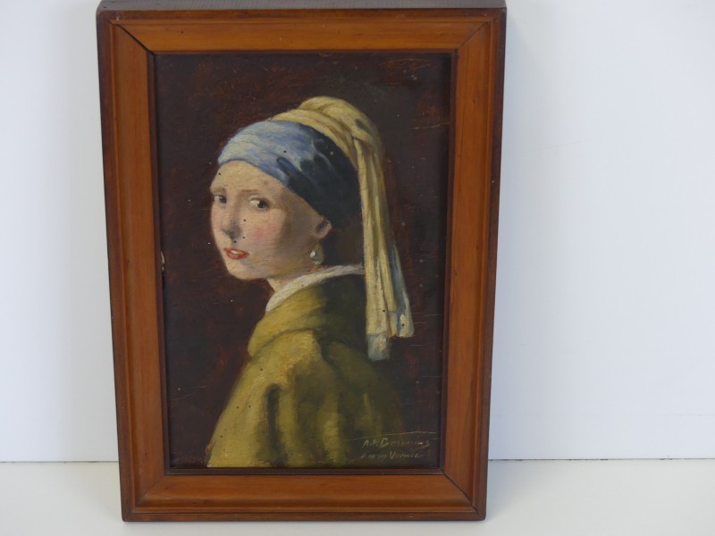 Schilderij naar Vermeer- Het meisje met de parel  - op paneel gesigneerd