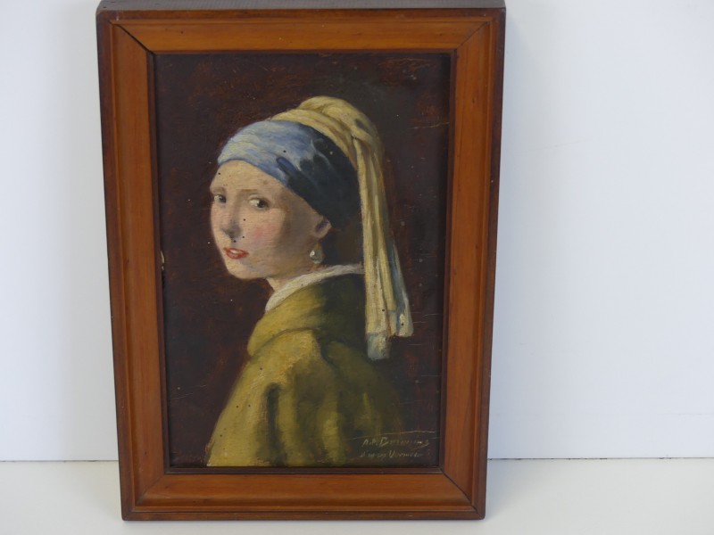 Schilderij naar Vermeer- Het meisje met de parel - op paneel gesigneerd